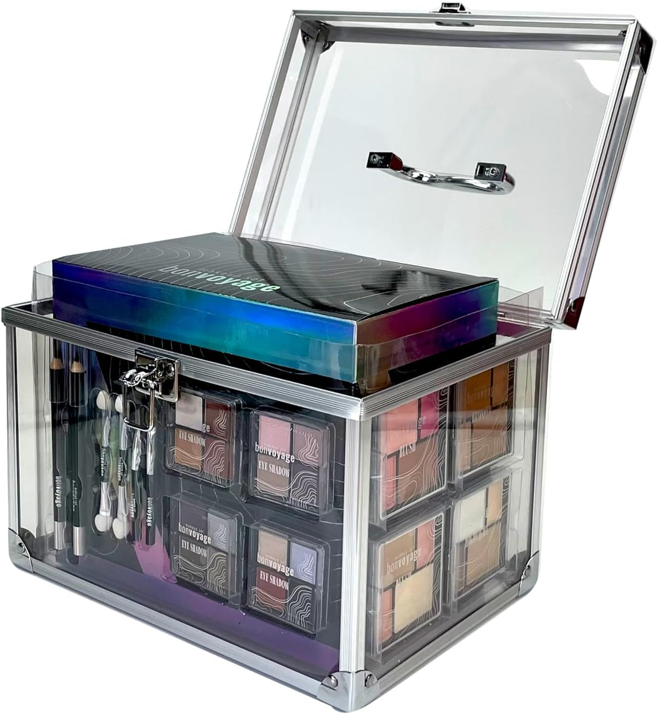 Ultimate 53-Piece Colour Delights Makeup Kit: Lipsticks, Eyeshadows, Blushes, and More in a Portable Transparent Case