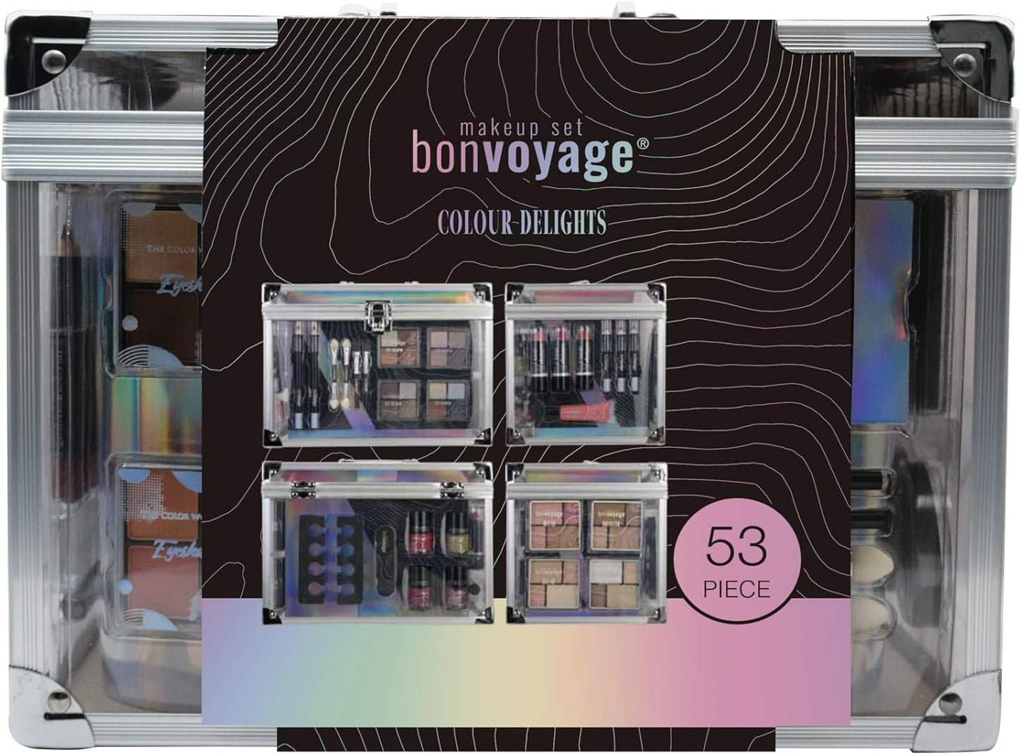 Ultimate 53-Piece Colour Delights Makeup Kit: Lipsticks, Eyeshadows, Blushes, and More in a Portable Transparent Case