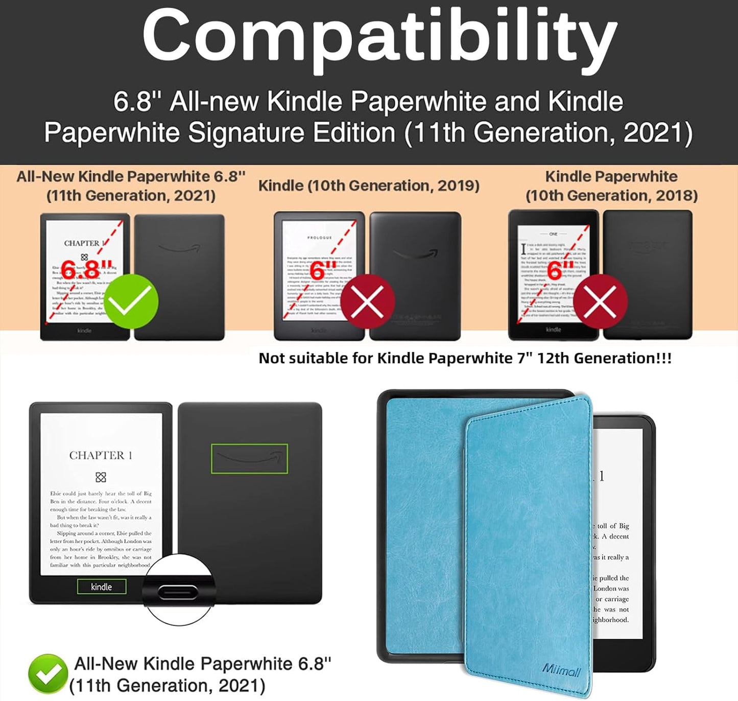 Compatible with Kindle Paperwhite 11Th Generation 2021 Leather Case with Hand Strap Leather Cover Cases for Kindle Paperwhite 11Th 2021 and Kindle Paperwhite Signature Edition 2021(Lightblue)