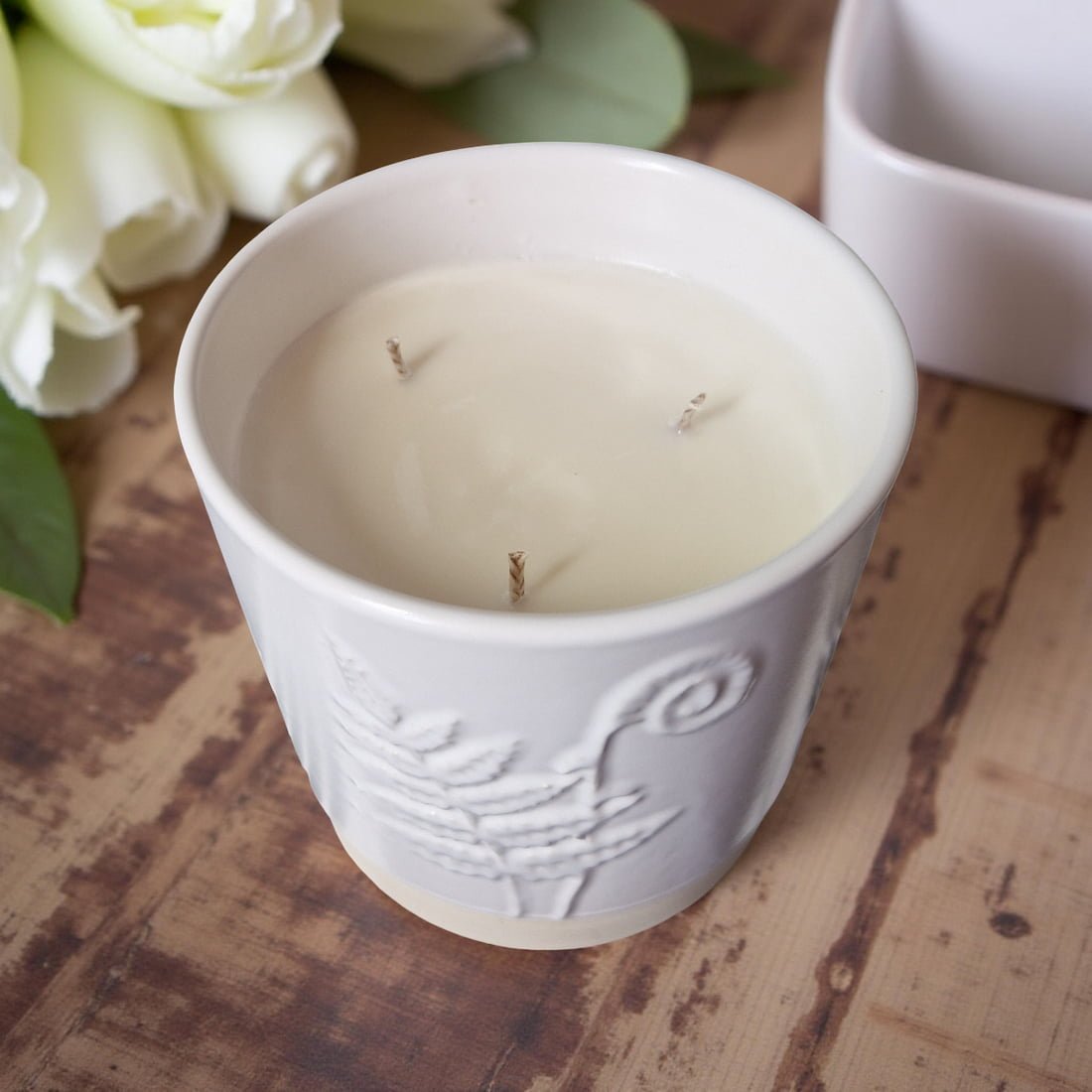 3-Wick Candle in White Ceramic Fern Pot | Velvet Tonka-3