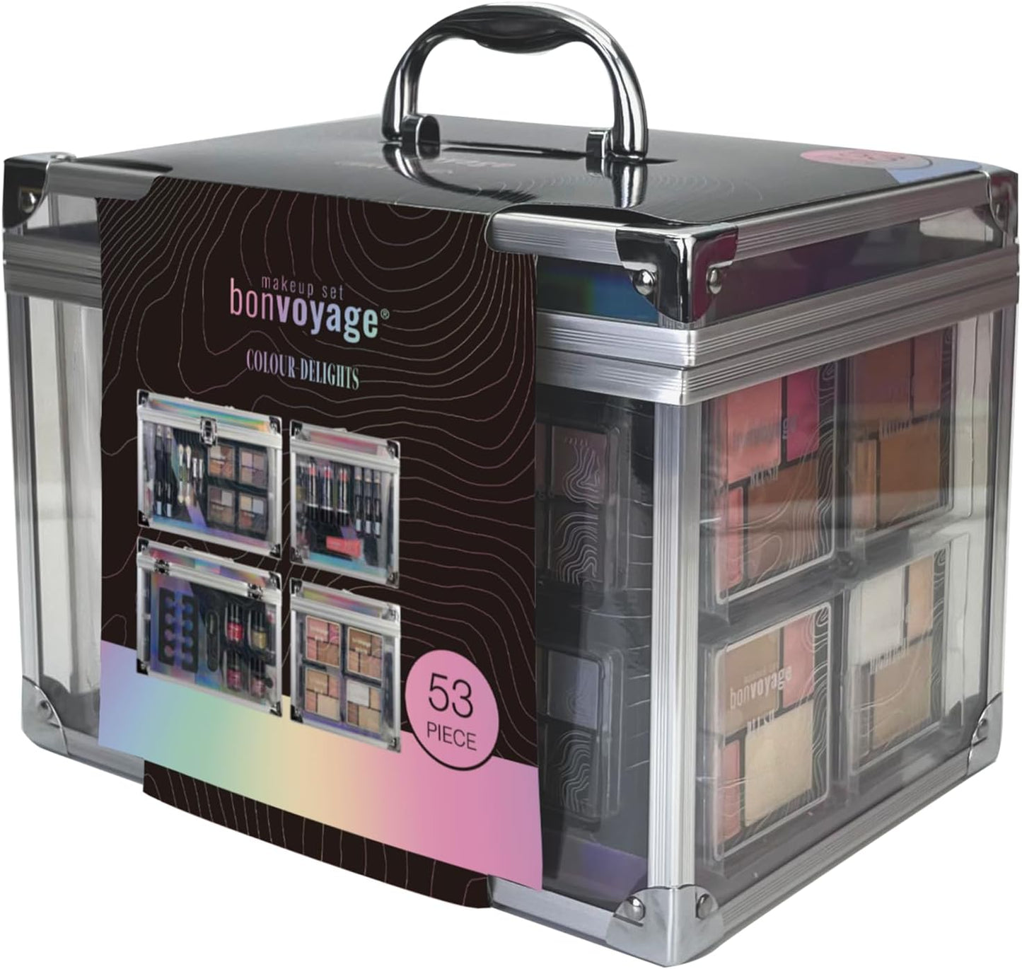 Ultimate 53-Piece Colour Delights Makeup Kit: Lipsticks, Eyeshadows, Blushes, and More in a Portable Transparent Case