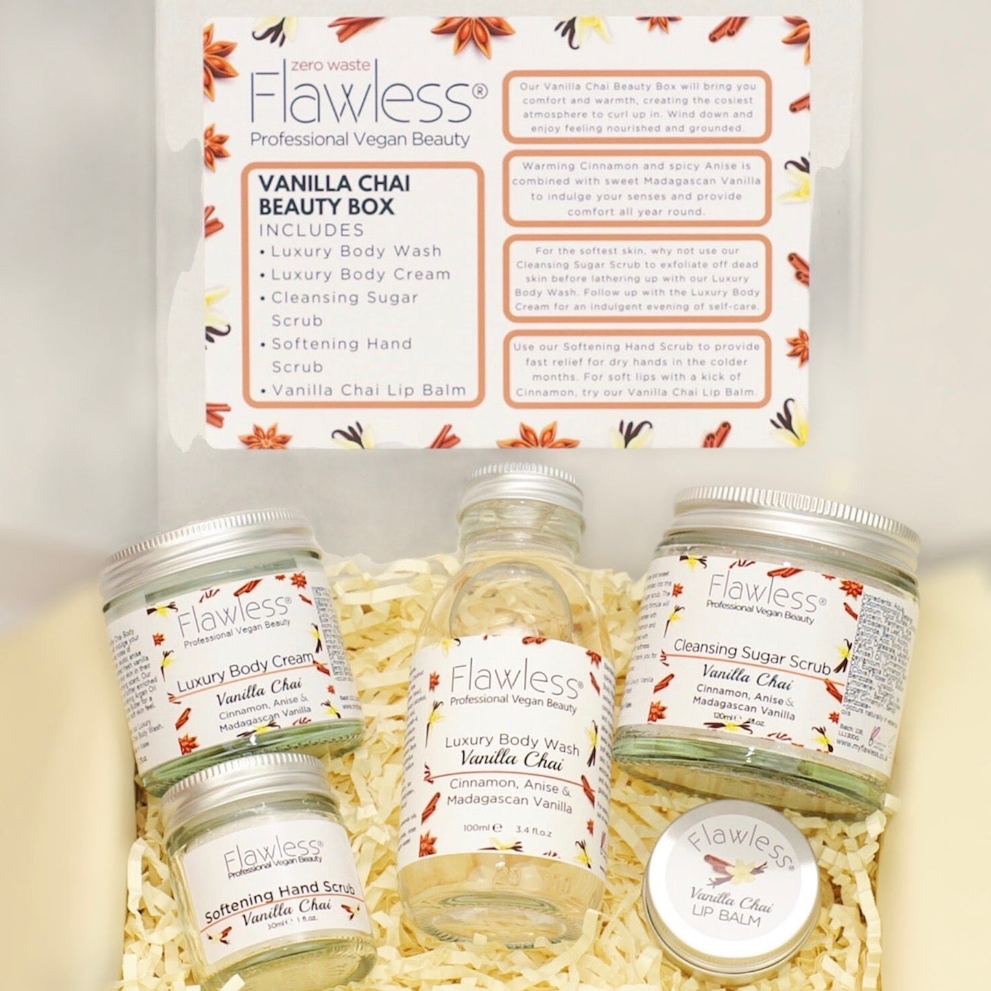 Flawless Vanilla Chai Beauty Box with various skincare products on a white background