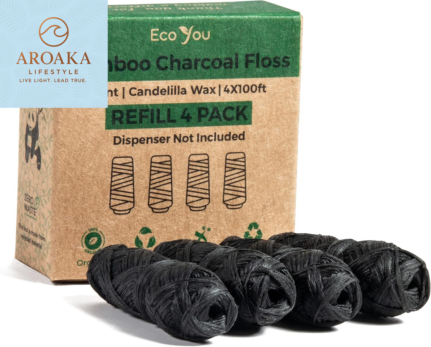 Eco-Friendly Bamboo Charcoal Dental Floss with Refreshing Mint - Vegan & Biodegradable (4 Refill Spools)
