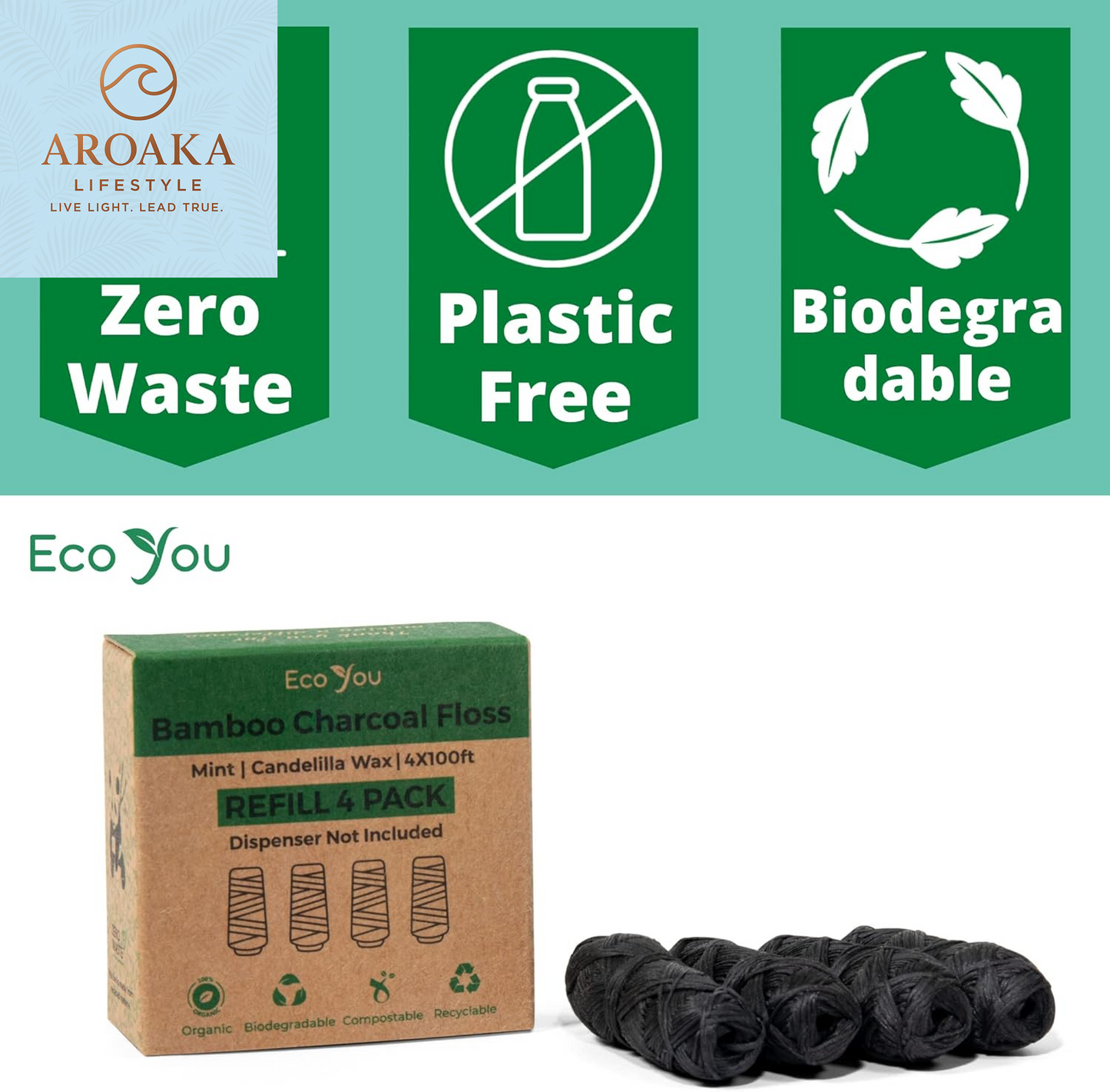 Eco-Friendly Bamboo Charcoal Dental Floss with Refreshing Mint - Vegan & Biodegradable (4 Refill Spools)