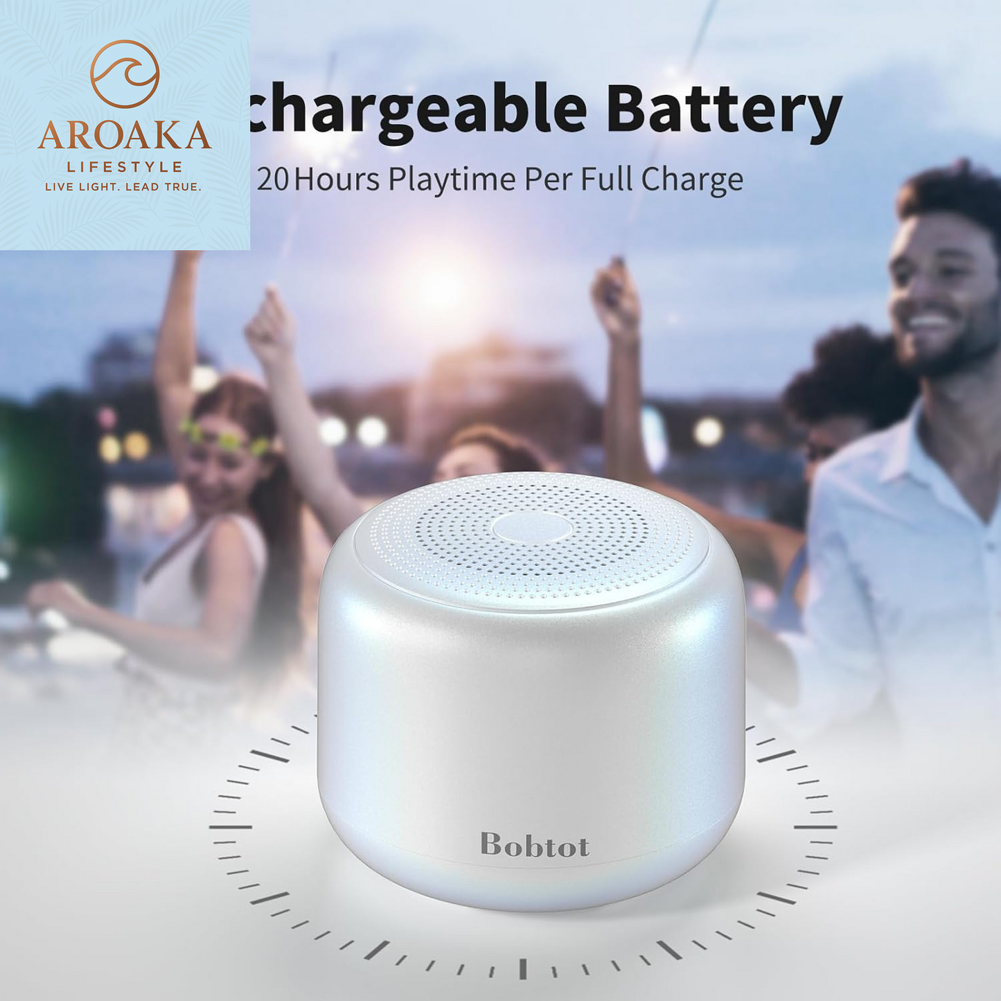 Portable Bluetooth Speaker - Wireless IPX5 Waterproof Mini Speaker with Loud Stereo Sound, 20 Hours Playtime, Rechargeable Battery, and Built-In Microphone, White
