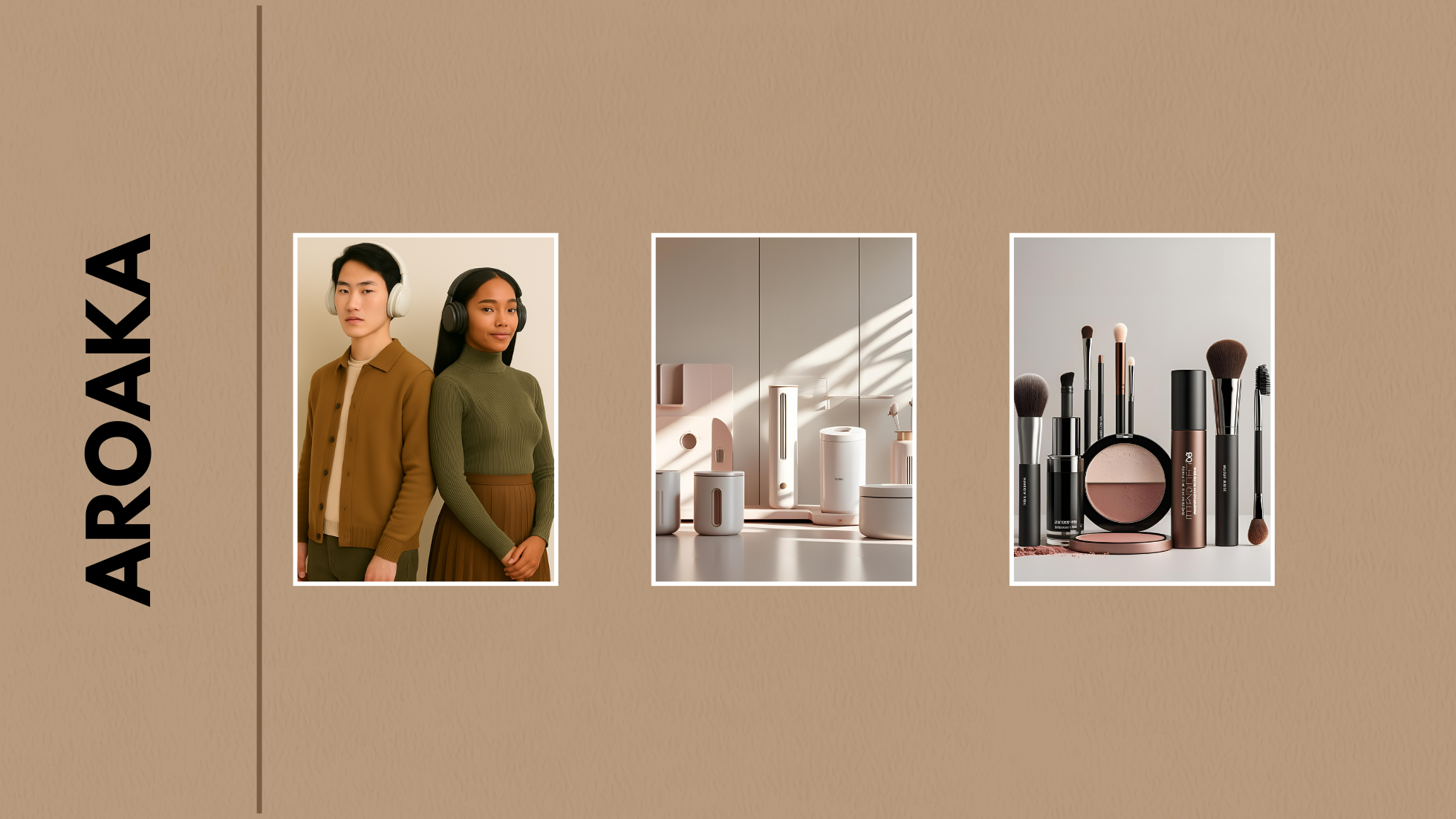 Aroaka brand display with two people, a mirror, and makeup products on a beige background.