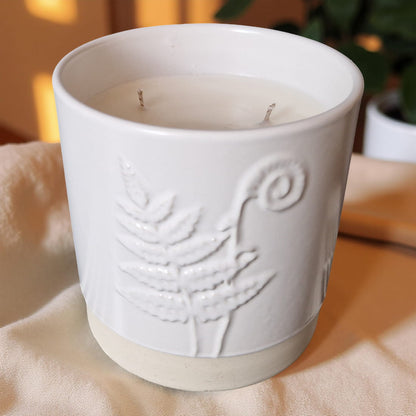 3-Wick Candle in White Ceramic Fern Pot | Velvet Tonka-2