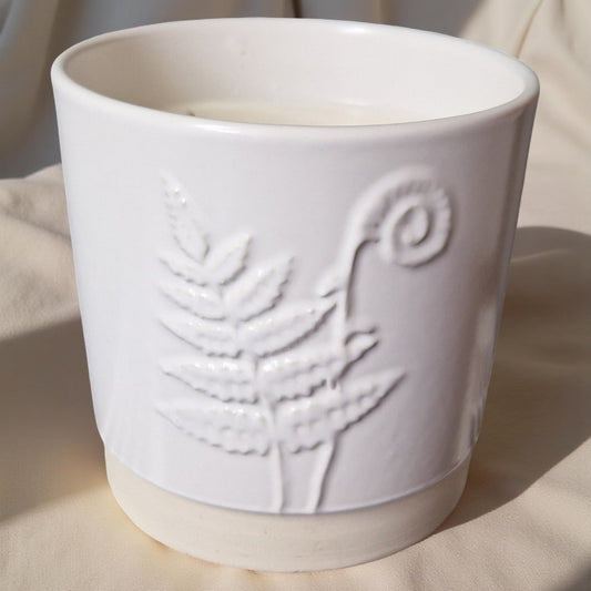 3-Wick Candle in White Ceramic Fern Pot | Velvet Tonka-0