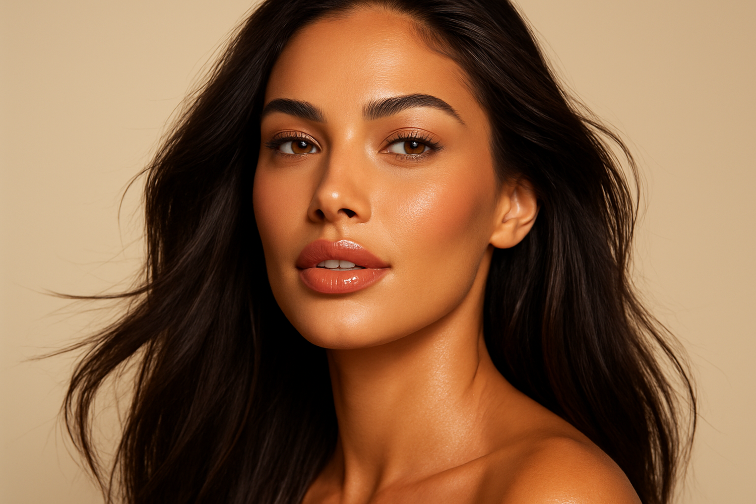 Act as advertiser and create an image of a beautiful woman with dark hair and tanned skin wearing lip gloss