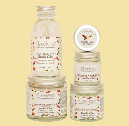 Set of Flawless Vanilla Chai skincare products on a beige background
