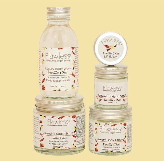 Set of Flawless Vanilla Chai skincare products on a beige background