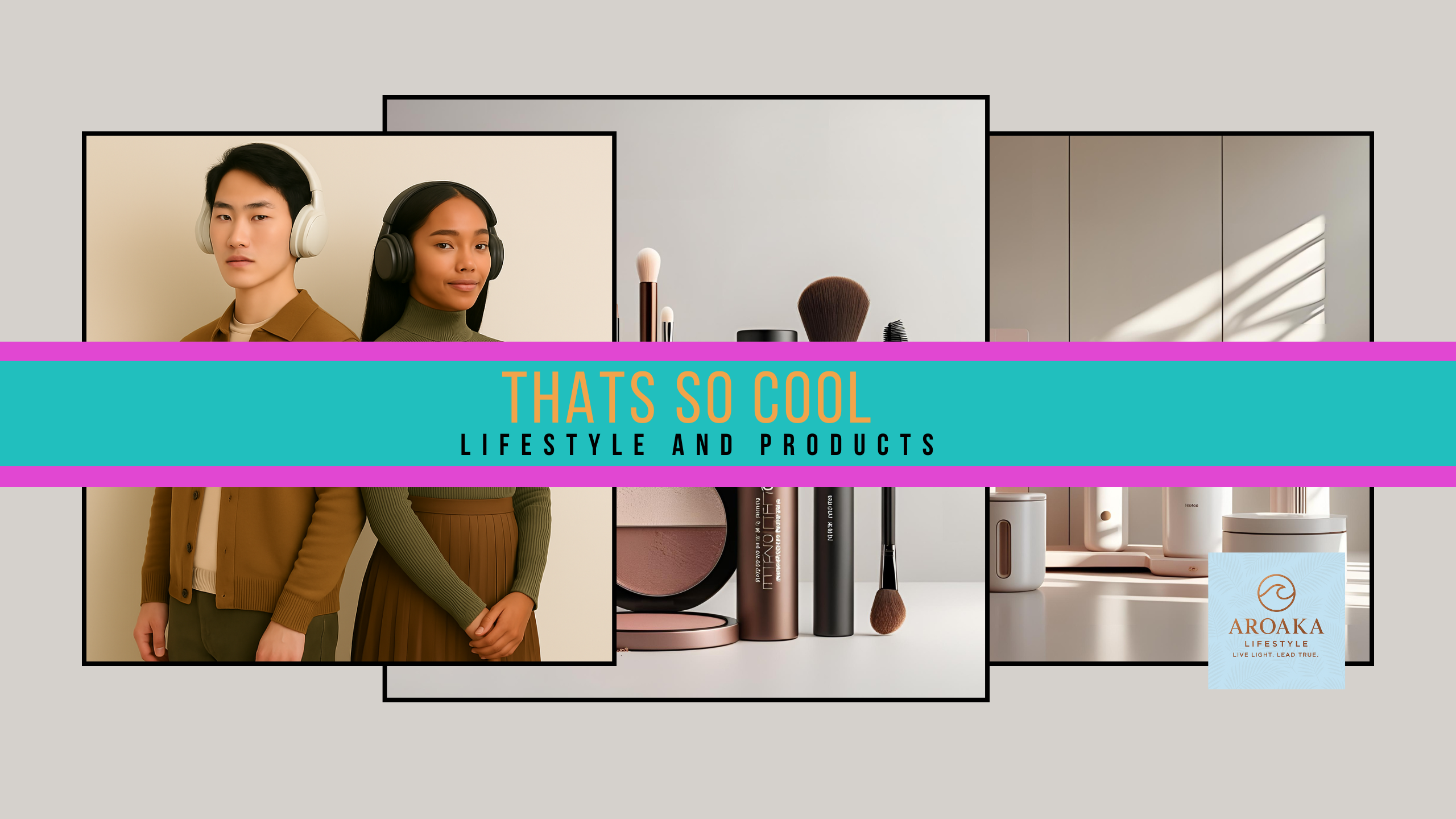Load video: The video shows an Asian male in his twenties wearing modern clothing, he is wearing a cool headphones on his head. He is leaning on a African-Asian female in her twenties, who is also wearing modern clothing. She has headphones on. The next image show beauty products and the following image show gadgets and products for the home.