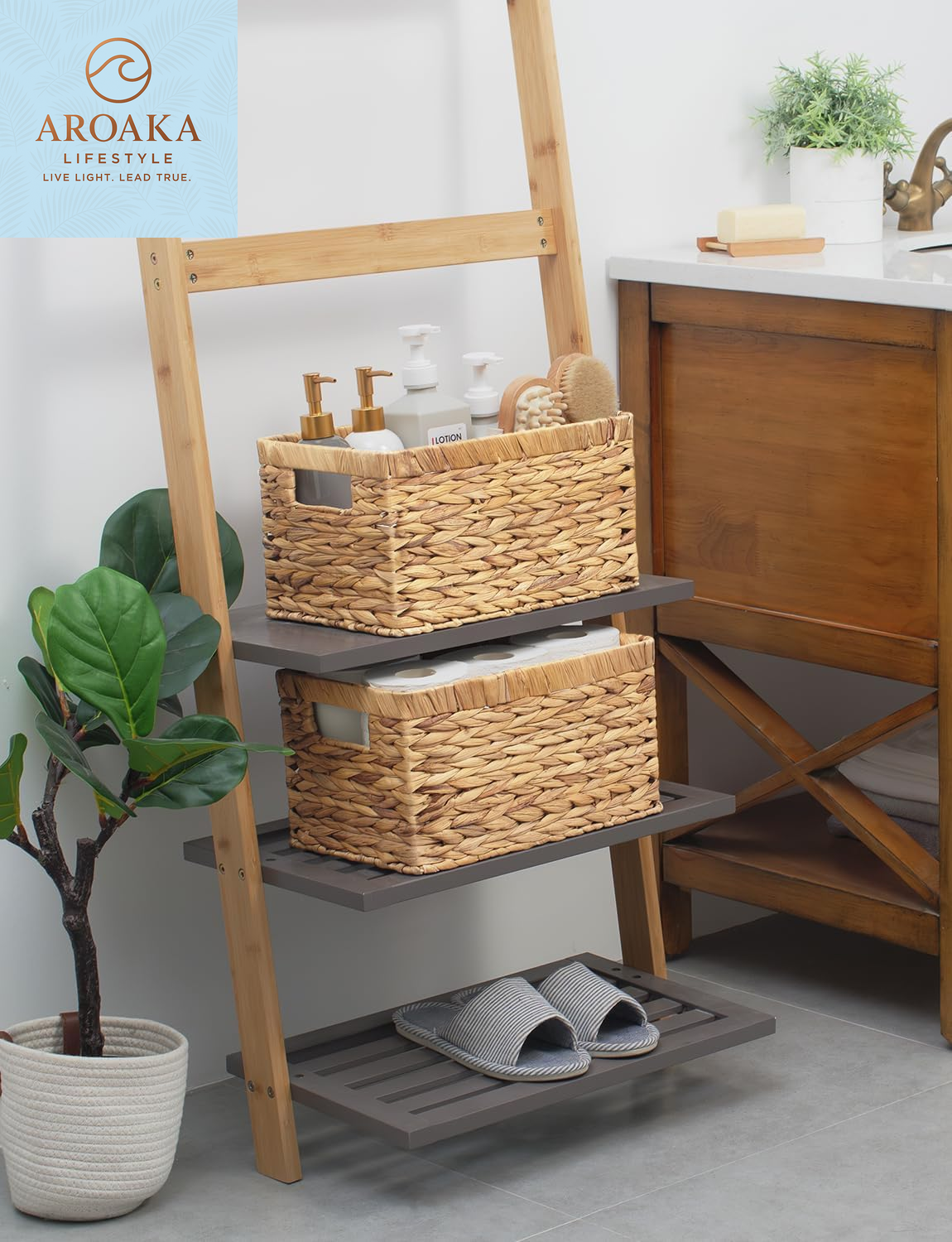 Elegant Large Wicker Storage Baskets with Handles - Natural Water Hyacinth, Perfect for Organizing Your Home and Bathroom - 2-Pack