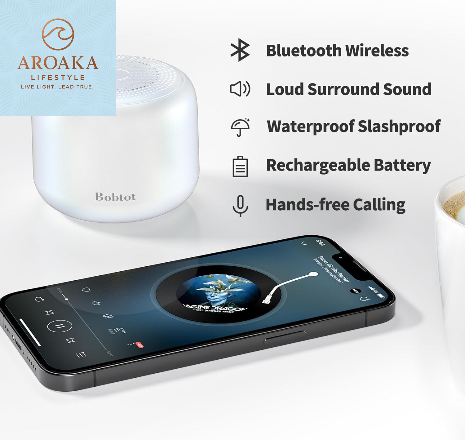 Portable Bluetooth Speaker - Wireless IPX5 Waterproof Mini Speaker with Loud Stereo Sound, 20 Hours Playtime, Rechargeable Battery, and Built-In Microphone, White