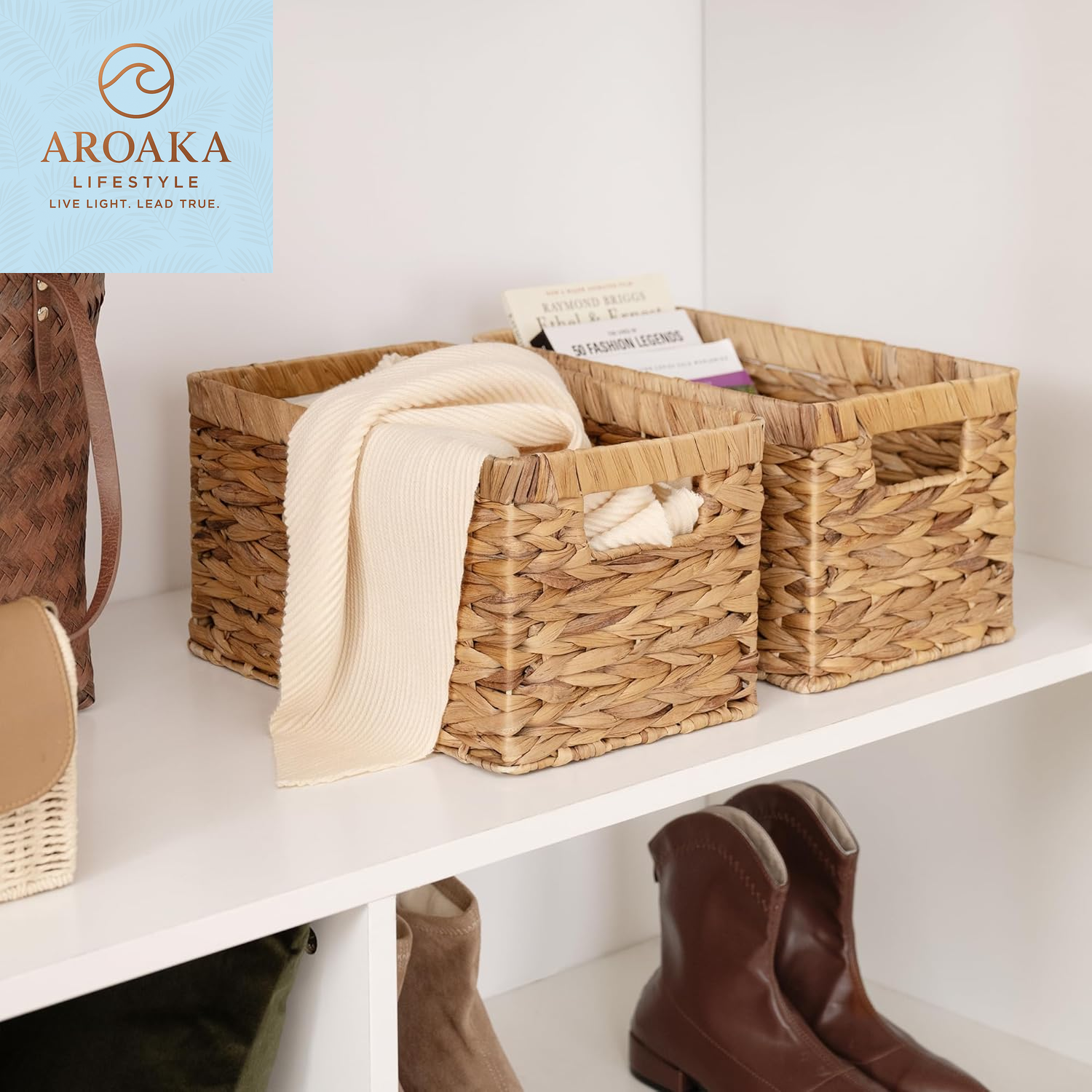 Elegant Large Wicker Storage Baskets with Handles - Natural Water Hyacinth, Perfect for Organizing Your Home and Bathroom - 2-Pack