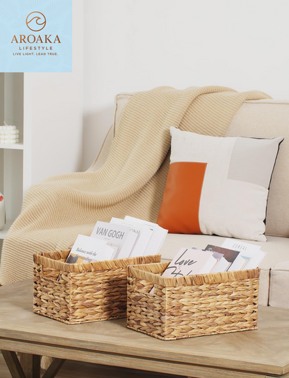 Elegant Large Wicker Storage Baskets with Handles - Natural Water Hyacinth, Perfect for Organizing Your Home and Bathroom - 2-Pack