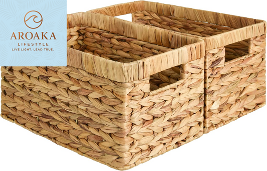 Elegant Large Wicker Storage Baskets with Handles - Natural Water Hyacinth, Perfect for Organizing Your Home and Bathroom - 2-Pack